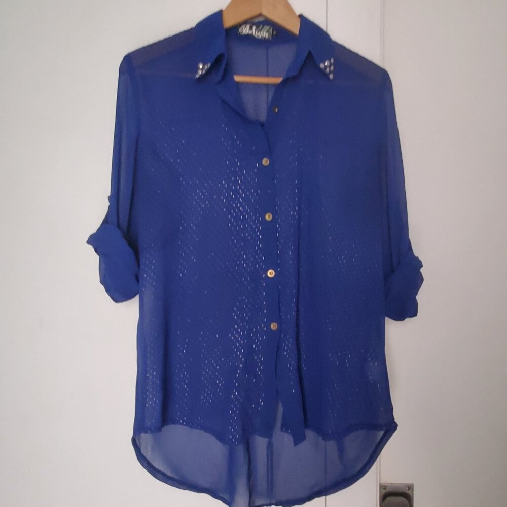 BeLush - Blue Sheer Button Blouse